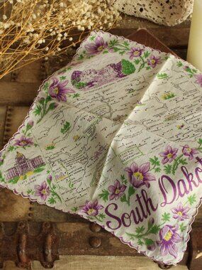 Vintage Handkerchief, South Dakota Souvenir, Purple and Green Cotton, Collectibl